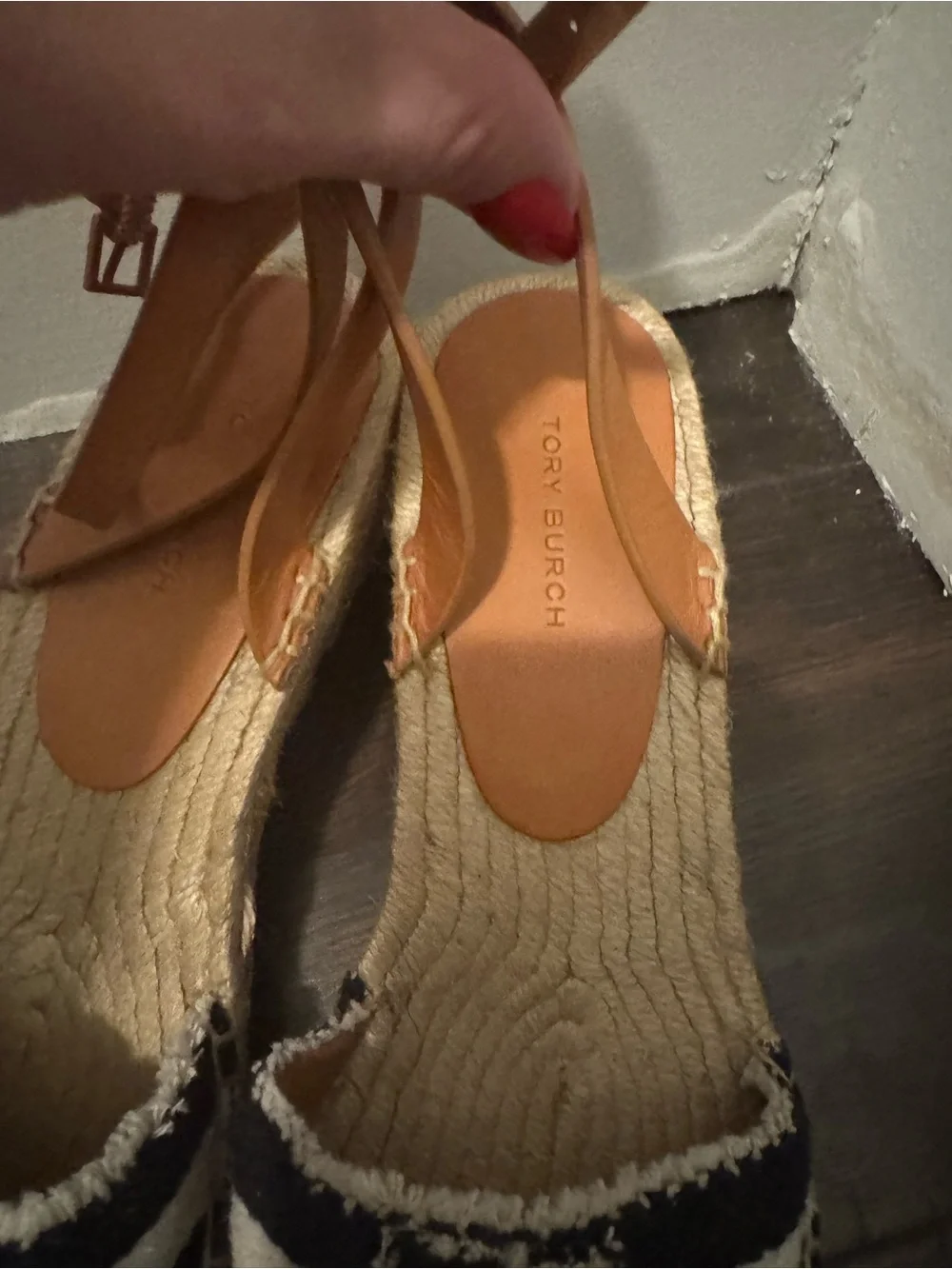 Tory Burch Navy & Tan Striped Logo Espadrille Sandals